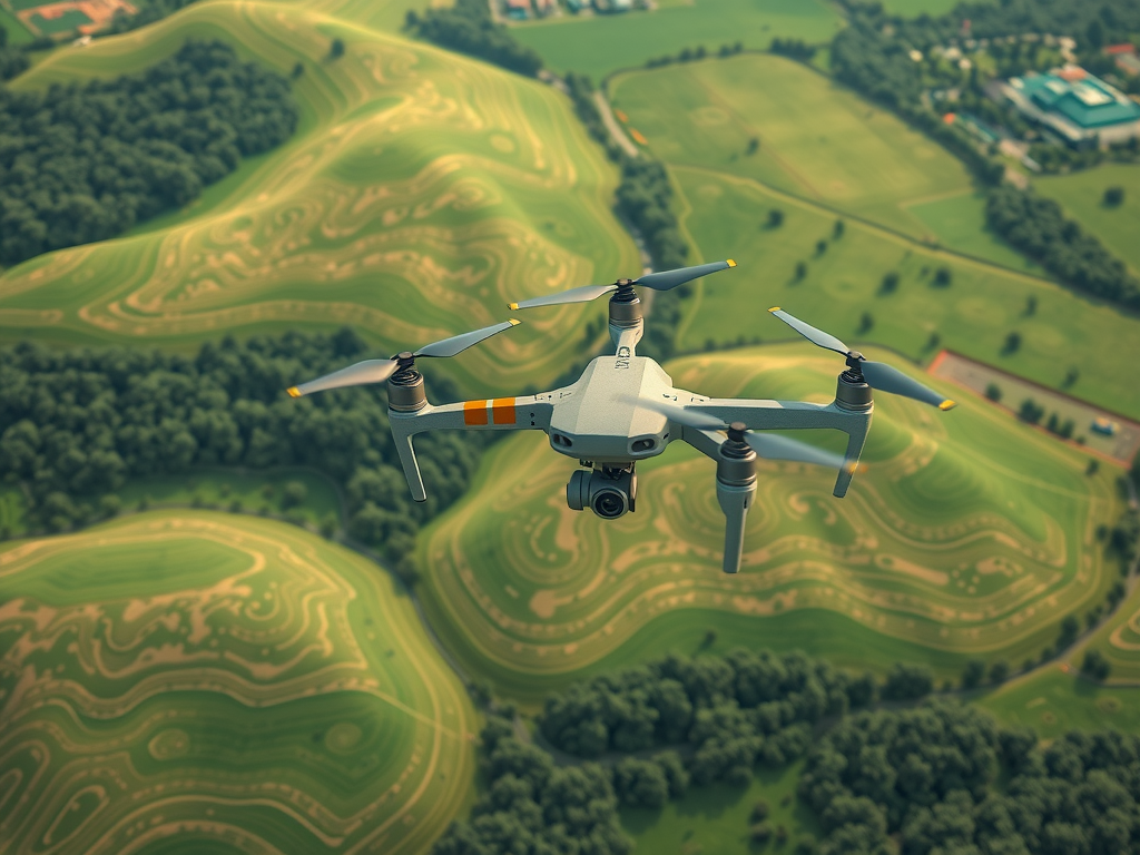A drone with four propellers hovers above a scenic landscape featuring rolling green hills and fields. A forested area and some buildings are visible in the background under a clear sky.