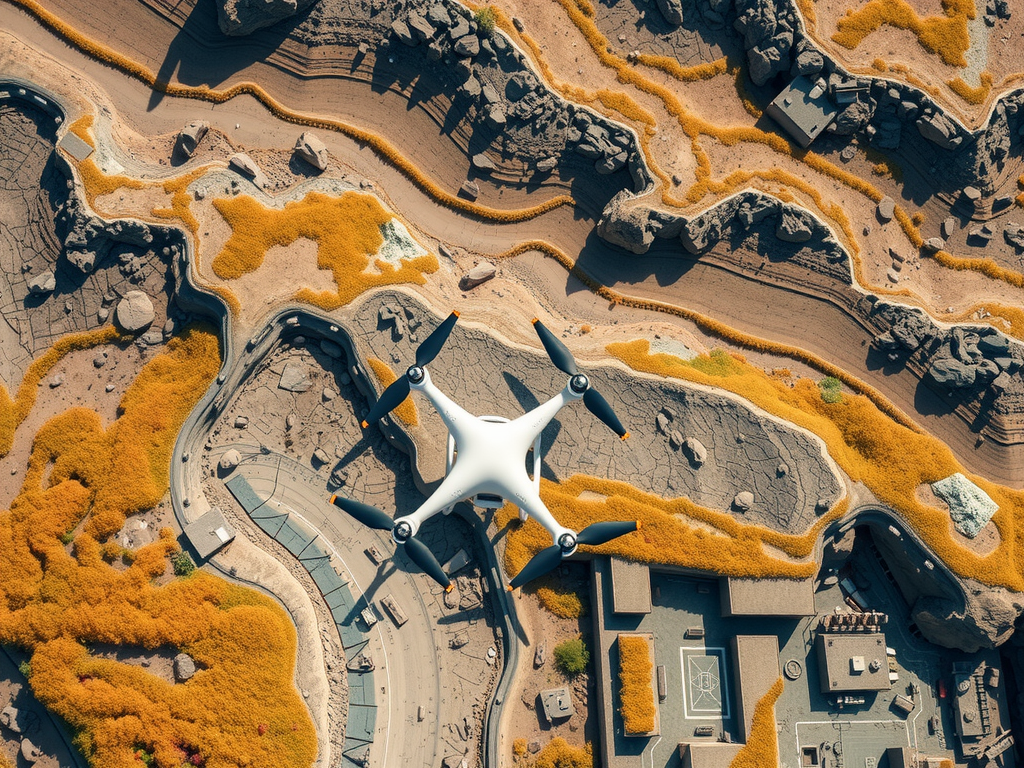 A white quadcopter drone flies over a landscape featuring rugged rock formations and yellow foliage. Below, modern buildings and winding paths are visible, integrated into the natural terrain. The scene is viewed from an aerial perspective.