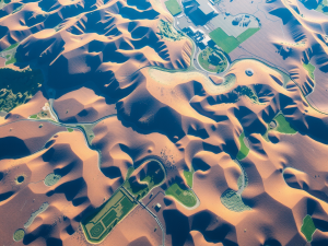 Aerial view of desert landscape with undulating sand dunes and scattered patches of greenery. Roads and a few buildings are visible in the upper right, contrasting with the natural terrain. Shadows cast by the dunes highlight their contours.