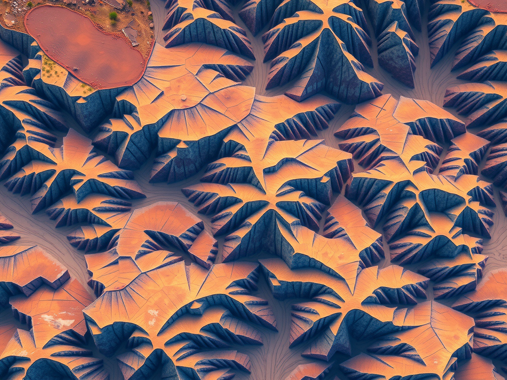 Aerial view of a desert landscape with intricate, leaf-like patterns in dark blue and orange hues. The patterns resemble veins spreading across a surface, with a small patch of water and sandy area in the top left corner.