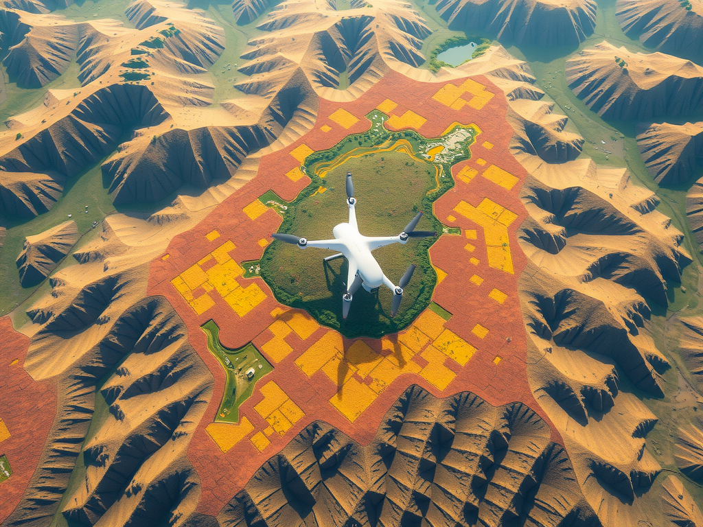 Aerial view of a large white drone flying over a desert landscape with multicolored geometric fields. Surrounding the fields are brown and green hills with shadows creating a textured appearance.
