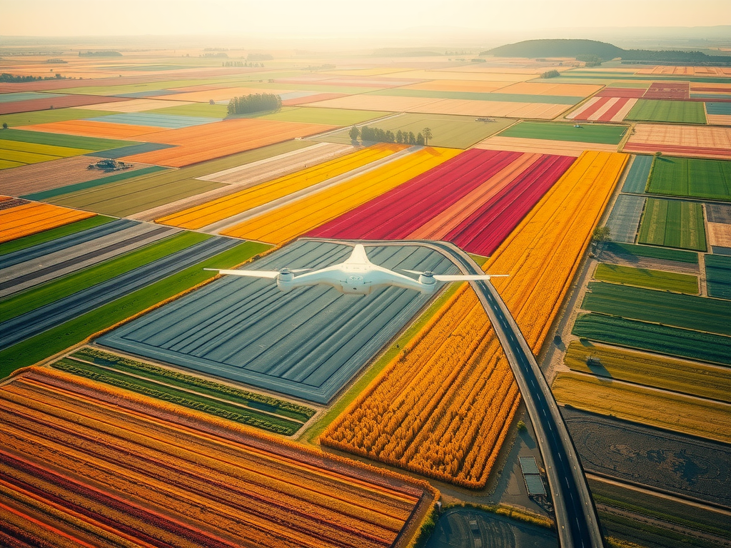 An airplane flies above a colorful patchwork landscape of agricultural fields. The fields display a variety of colors ranging from yellow, orange, red, to green. A straight road cuts through the fields beneath the plane.