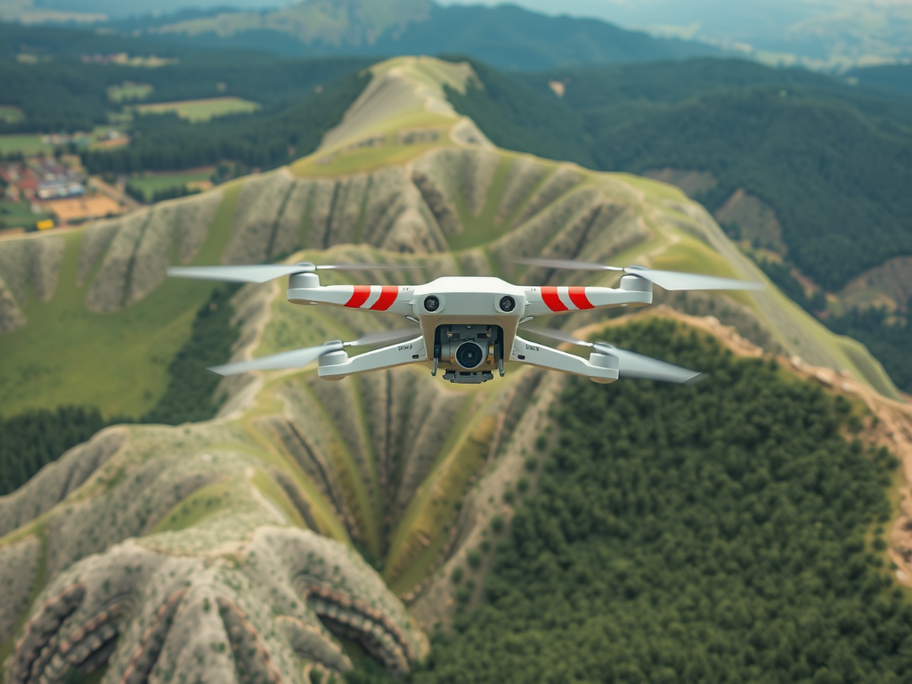 A drone with a camera is flying over a mountainous landscape. The scene includes rolling hills and a mix of dense forest and rocky terrain, with distant peaks in the background.