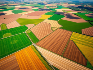 Aerial view of a patchwork landscape featuring various agriculture fields with geometric shapes and diverse colors, including green, yellow, and brown. Roads intersect the fields, and trees are scattered throughout.
