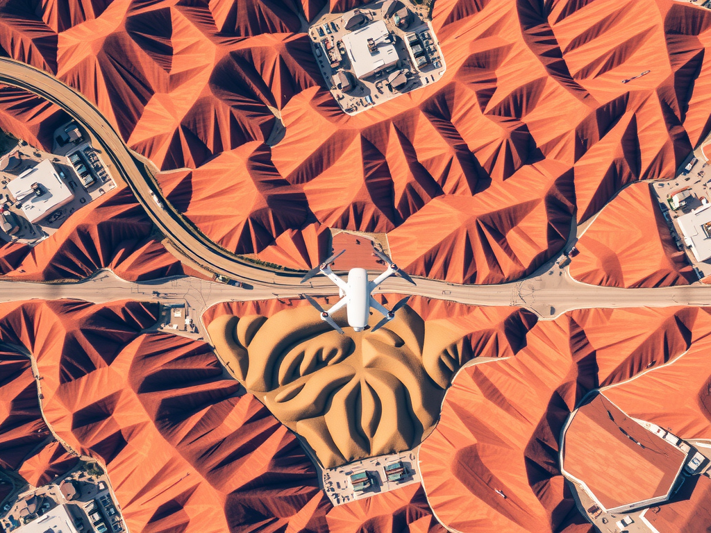 Aerial view of a bridge crossing over a patterned desert landscape with red and orange hues. Several small white buildings are scattered around the area, creating a contrast with the terrain. Roads connect the buildings and the bridge.
