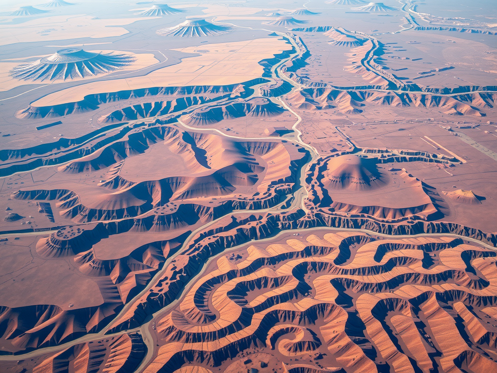 Aerial view of a vast desert landscape featuring eroded plateaus, winding canyons, and scattered conical hills. The terrain displays various shades of orange and brown, with intricate patterns carved into the land.