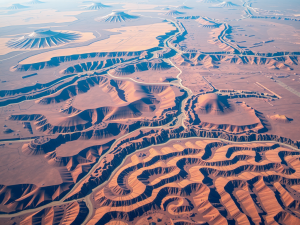 Aerial view of a desert landscape featuring numerous eroded hills and valleys. The terrain appears reddish-brown with intricate, winding patterns. Isolated conical hills are scattered throughout the scene under a clear sky.