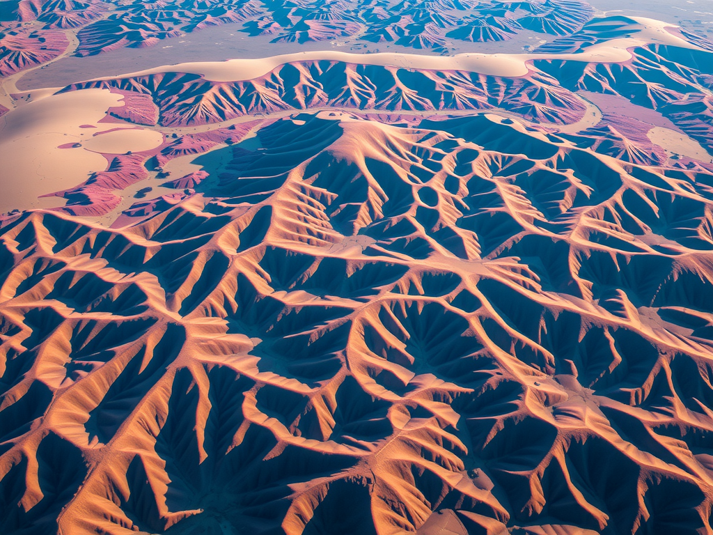 Aerial view of desert landscape with sharp ridges and deep valleys forming intricate patterns. The area is covered in a mix of reddish and dark hues, highlighting the sand dunes and shadows, creating a striking and detailed visual texture.