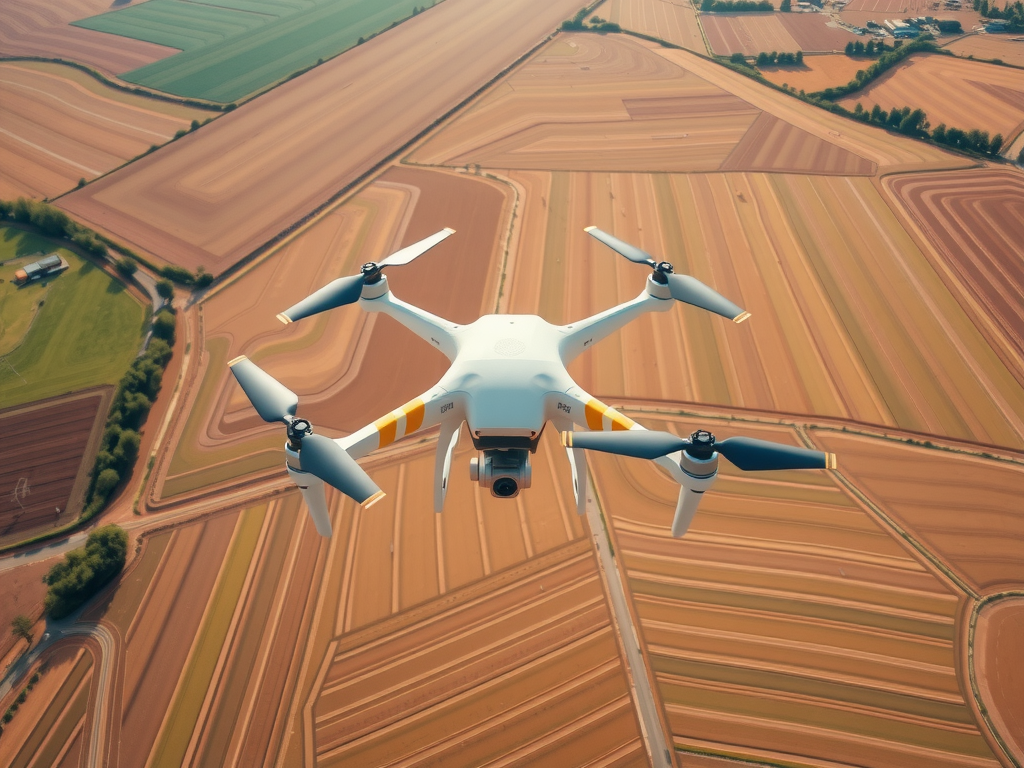 A white drone with four propellers is flying over a landscape of patchwork fields. The fields display various shades of brown and green, separated by clear boundaries, with some roads and structures visible in the distance.