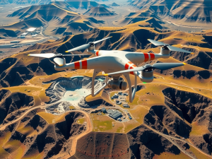 A white drone with red stripes flies over a landscape of brown mountains and valleys. Below is a large quarry with surrounding buildings. The area is arid, and the terrain is rugged. The sky is clear and blue.