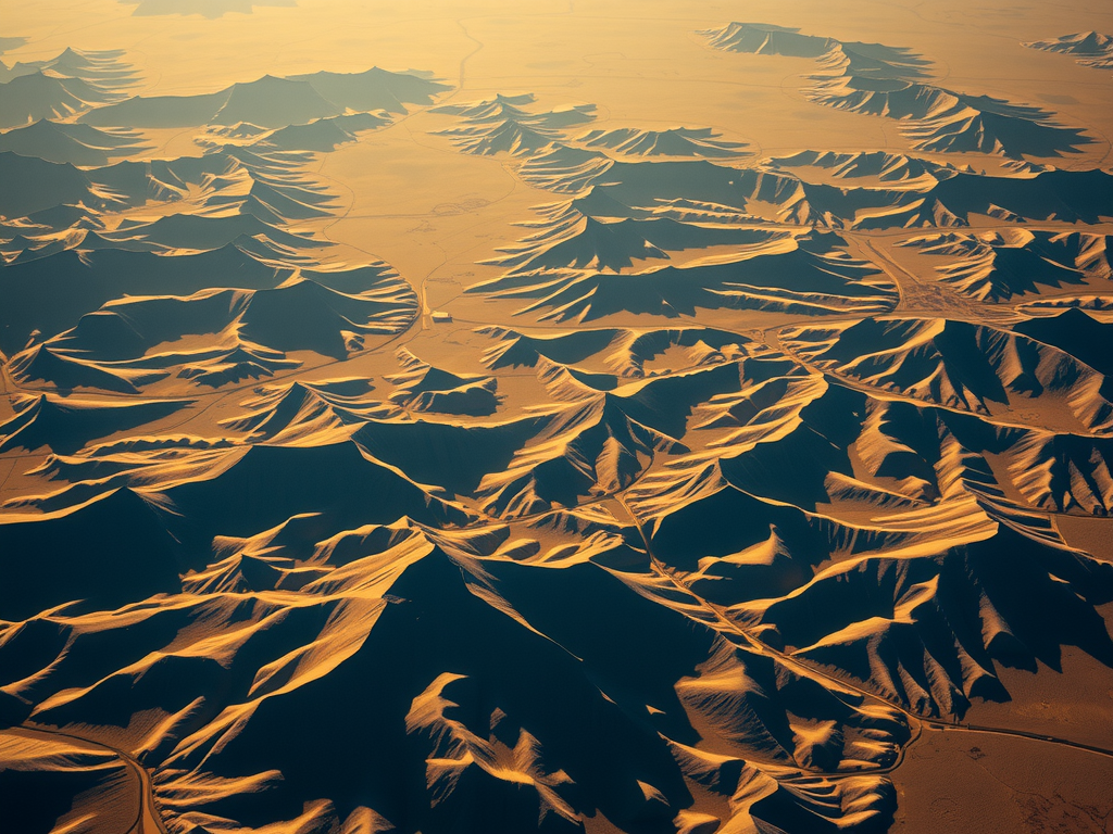 Aerial view of a vast desert landscape with numerous sand dunes casting shadows. The image features a warm color palette, highlighting the intricate patterns and textures formed by the dunes under the sunlight.