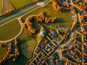 Aerial view of an autumn landscape featuring a geometric building at the center, surrounded by roads, houses, and fields. Trees with orange foliage line the streets and pathways. Cropland is visible on the left, and a parking area is on the right.