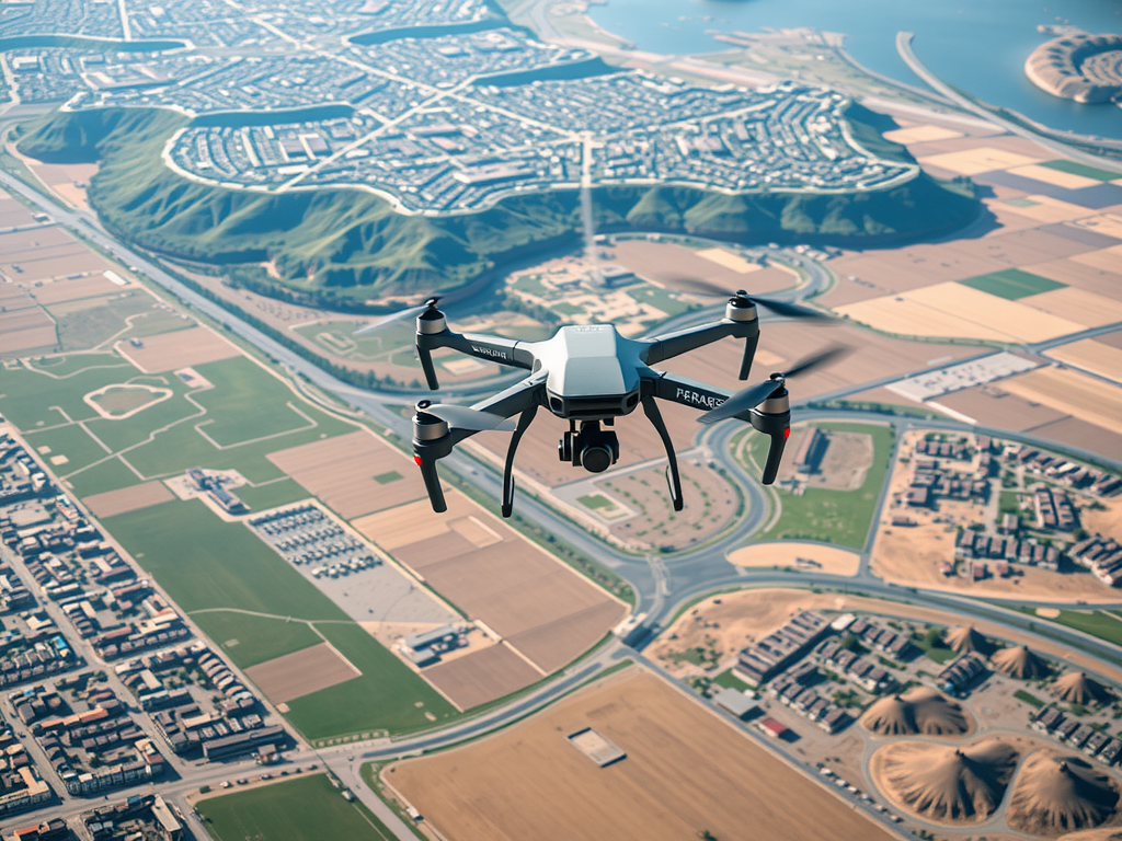 A drone with a camera hovers above a landscape, capturing an aerial view of a city. The city is surrounded by fields and hills, with a river in the background. The drone is the focal point, with the detailed terrain visible below.