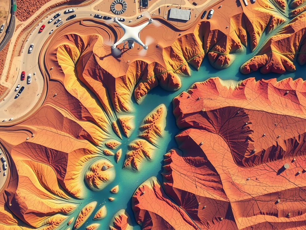 Aerial view of a desert landscape with vivid red and orange terrain carved by blue winding river channels. Roads with vehicles surround a white structure resembling a tent. The scene highlights erosion patterns and contrasting colors.