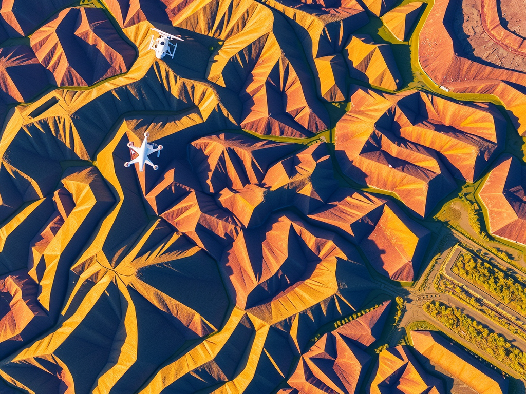 Aerial view of rugged, multicolored mountainous terrain with deep shadows creating a dramatic texture. Two white aircraft fly over the landscape, contrasting with the earth tones below.